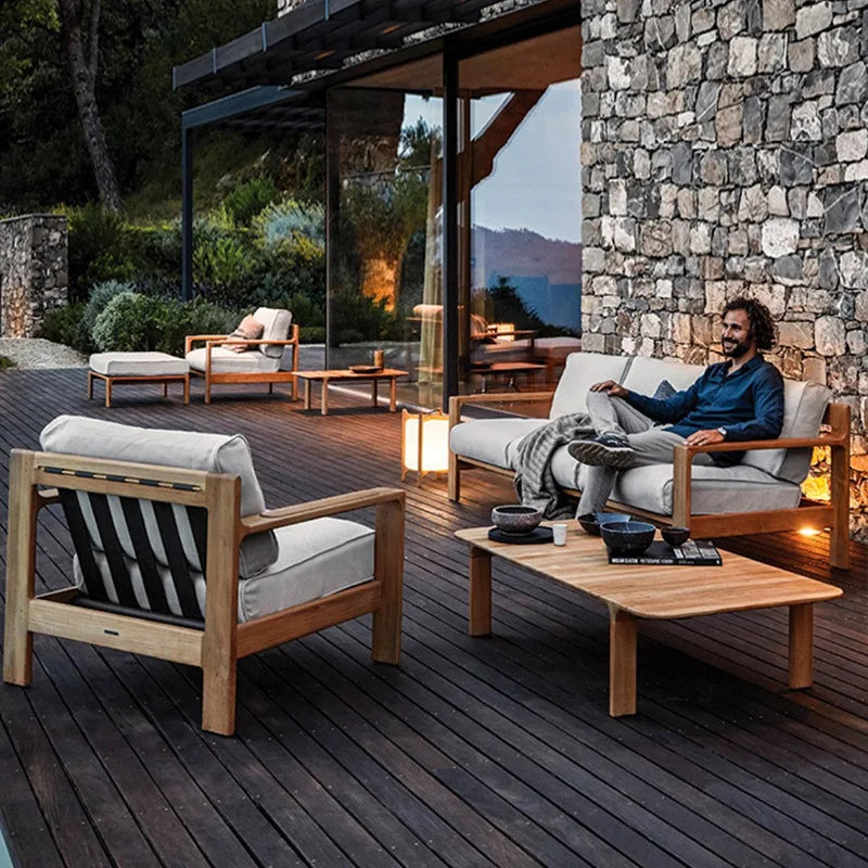 Nordic outdoor sofa balcony courtyard garden open-air waterproof and sunscreen high-end teak sofa coffee table combination