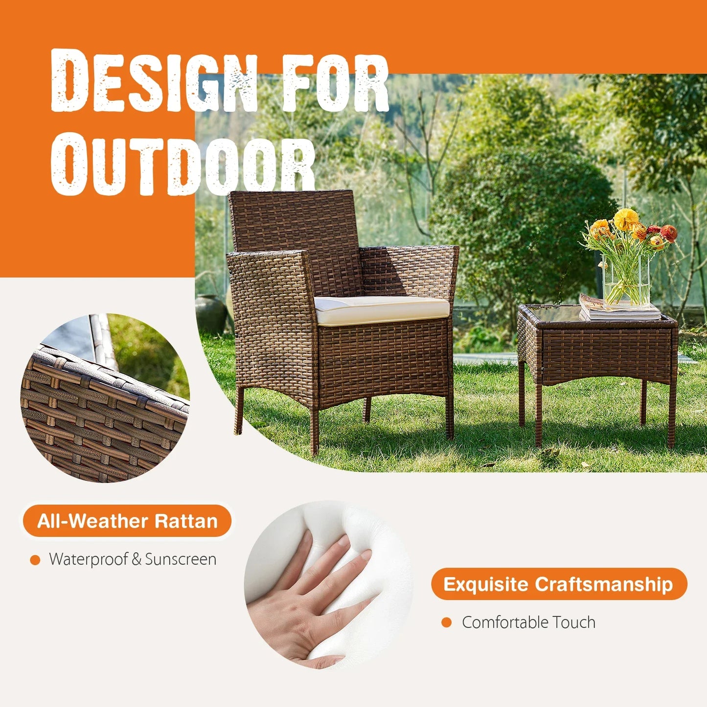 Best-Selling Outdoor Patio Furniture Set 3 Pieces with Soft Cushion and Glass Table Manual Weaving Wicker Rattan Patio Chairs