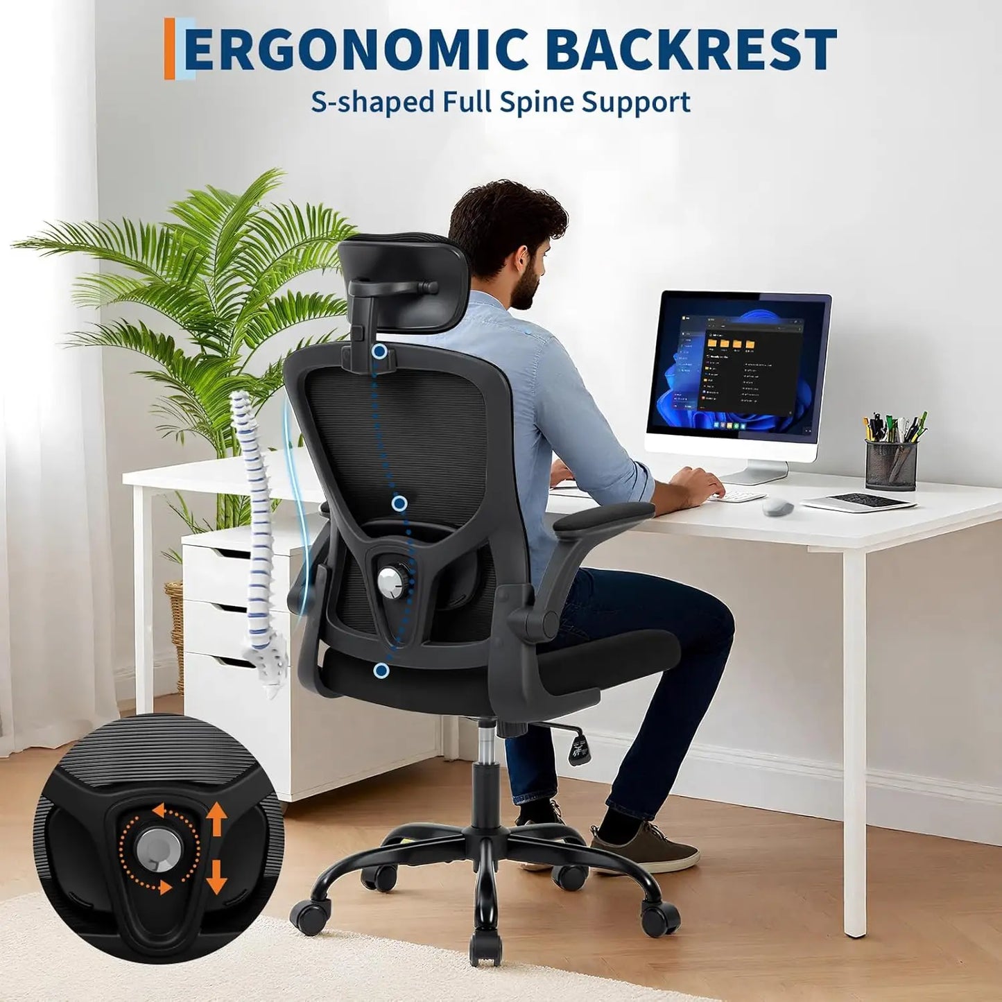 Office Computer Desk Chair Ergonomic Office Chair High-Back Mesh Home Office Chair With Adjustable Headrest And Lumbar Support