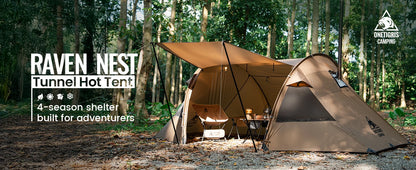 OneTigris Raven Nest Tunnel Hot Tent 2 Person Camping Shelter with Stove Jack 4 Season Waterproof Tent for Backpacking Bushcraft