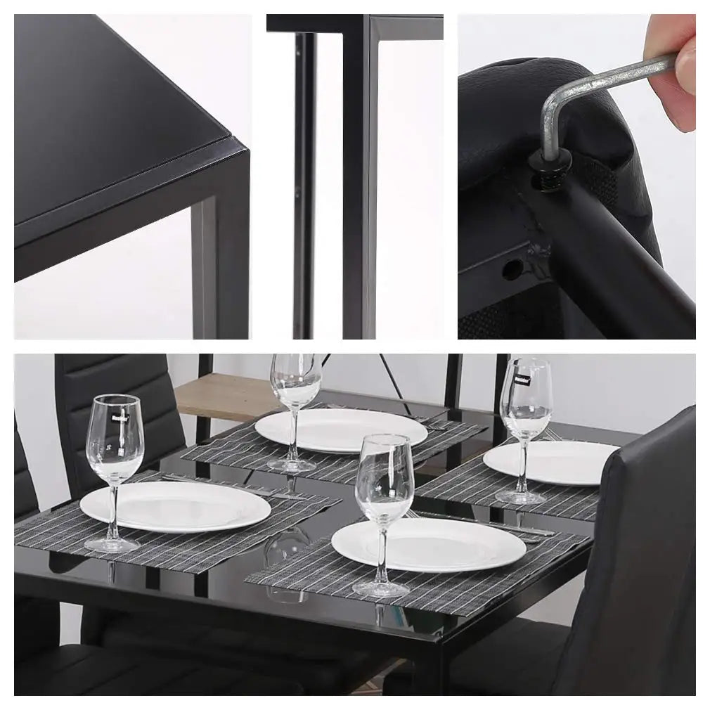Dining Room Table Set 5-Piece Kitchen with 4 Faux Leather Metal Frame Chairs Rectangular Modern for Small Spaces w/Glass Tableto
