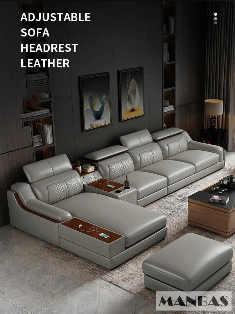 Modern Italian Genuine Leather Sofa for Living Room with Cup Holder, USB, Adjustable Headrests & Bluetooth Speaker - Linlamlim