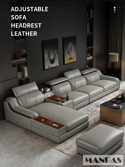 Modern Italian Genuine Leather Sofa for Living Room with Cup Holder, USB, Adjustable Headrests & Bluetooth Speaker - Linlamlim