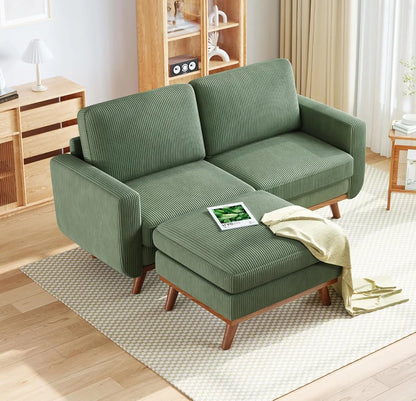 97" L-Shape Modular Sofa, 3-Seat Corduroy Couch with Movable Ottoman, Sectional Sofa for Living Room, Green, Customized
