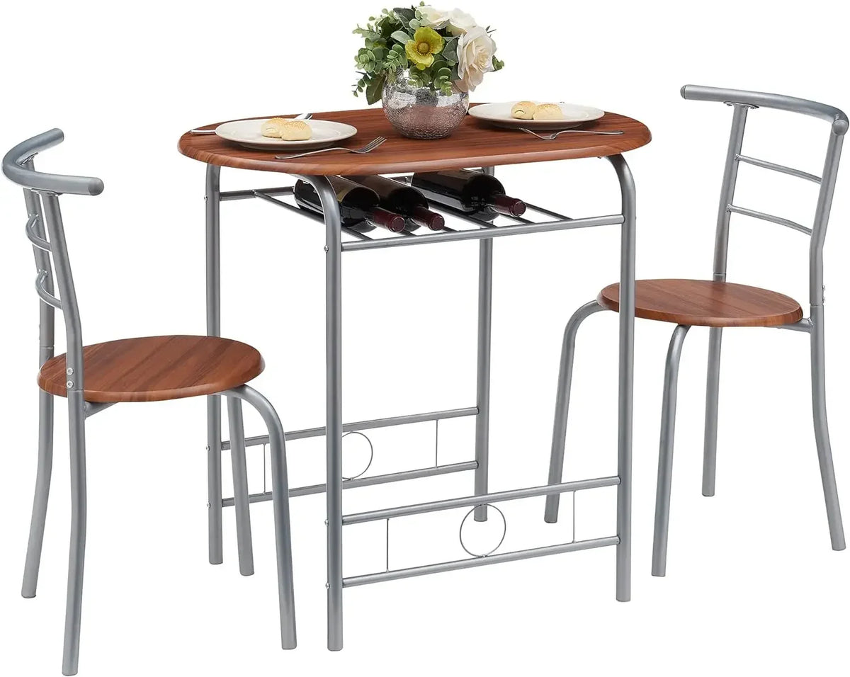 3 Piece Wood Round Table & Chair Set for Dining Room Kitchen Bar Breakfast, with Wine Storage Rack, Space Saving