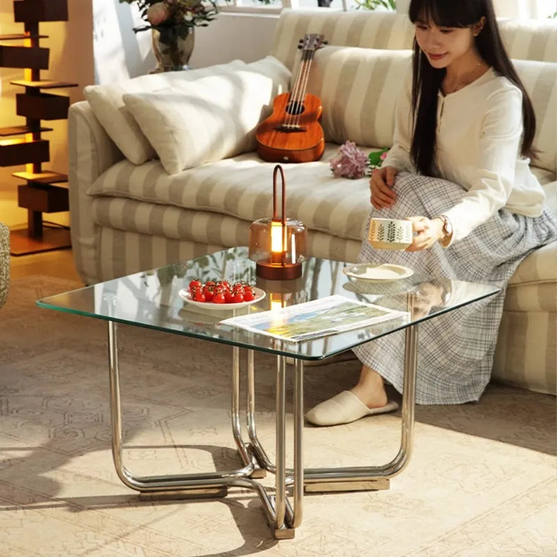 Light Luxury Tea Table Transparent Glass Tea Table Living Room Sofa Side Table Low Tea Tables Stainless Steel Square Side Tables