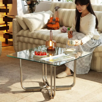 Light Luxury Tea Table Transparent Glass Tea Table Living Room Sofa Side Table Low Tea Tables Stainless Steel Square Side Tables