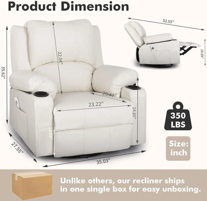 Leather Swivel Rocker Recliner Chair with Massage and Heat Overstuffed Manual Recliner Chairs with Cup Holders, Rocking Glider C