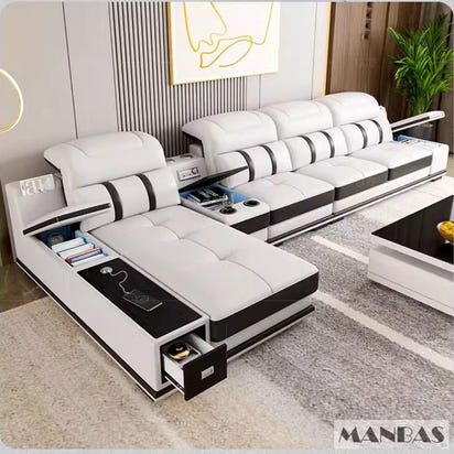 Modern Genuine Leather Sofa Living Room By MANBAS - Stylish Italian Couch with Bluetooth Speaker, USB & Adjustable Headrests