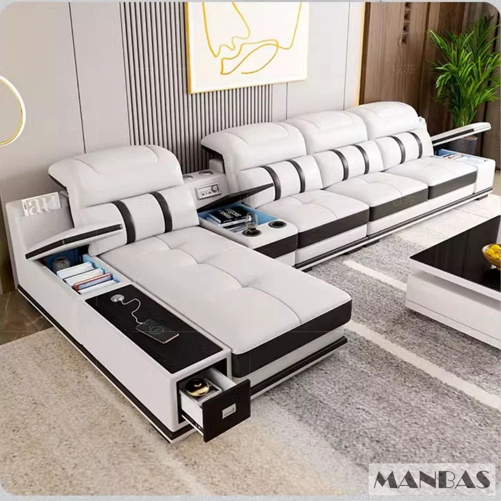 Modern Genuine Leather Sofa Living Room By MANBAS - Stylish Italian Couch with Bluetooth Speaker, USB & Adjustable Headrests