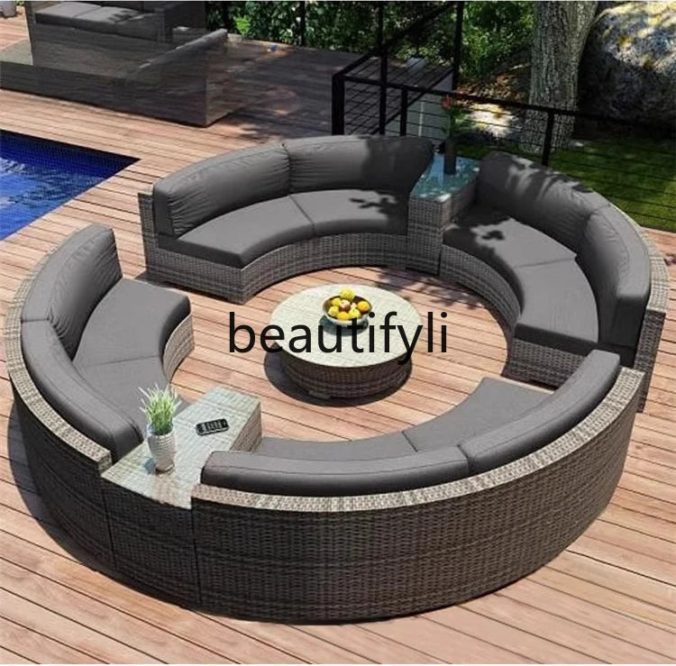 Modern Imitation Rattan Round Sofa Set Outdoor Garden Patio Rattan Woven Sofa Leisure Balcony Rattan Chair Furniture