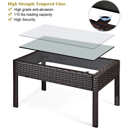 4 Pieces Patio Furniture Set, Wicker Conversation Set with Water-Resistant Cushion & Tempered Glass Table, Porch Deck Furniture