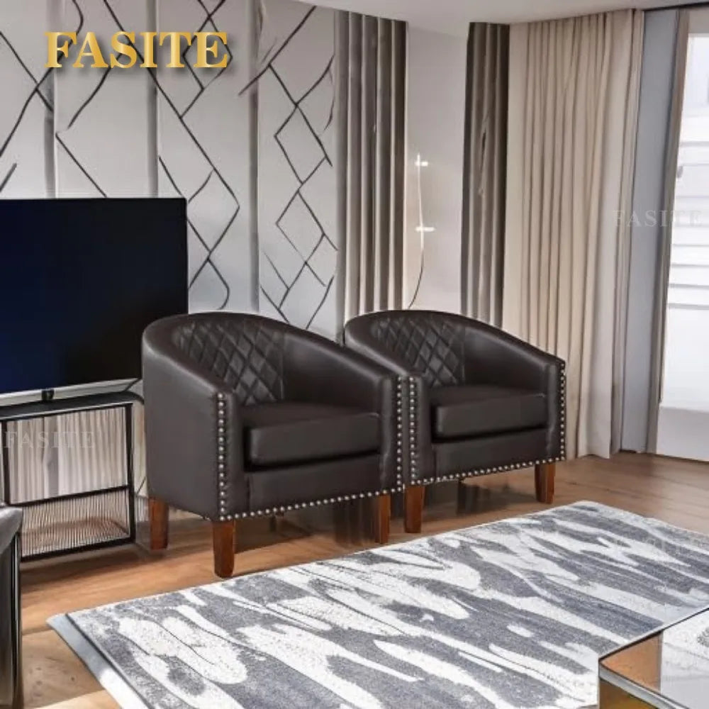 Nordic luxury Comfy Barrel Accent Chair Set, Grid Backrest Diamond, Faux Leather with Cushion for Living Room Club