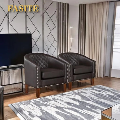 Nordic luxury Comfy Barrel Accent Chair Set, Grid Backrest Diamond, Faux Leather with Cushion for Living Room Club