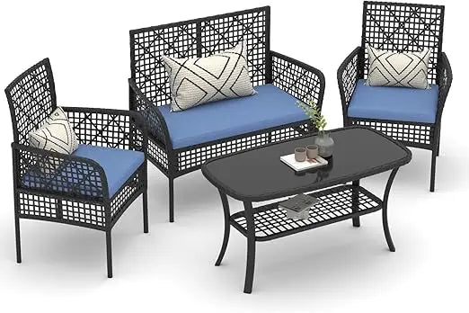 4 Pieces Outdoor Patio Furniture Set, PE Rattan Chairs Wicker Furniture with Coffee Glass Table and Soft Cushions, Outdoor Seati
