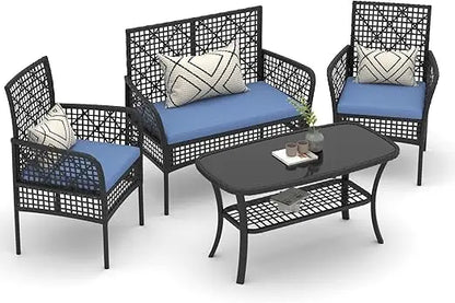 4 Pieces Outdoor Patio Furniture Set, PE Rattan Chairs Wicker Furniture with Coffee Glass Table and Soft Cushions, Outdoor Seati