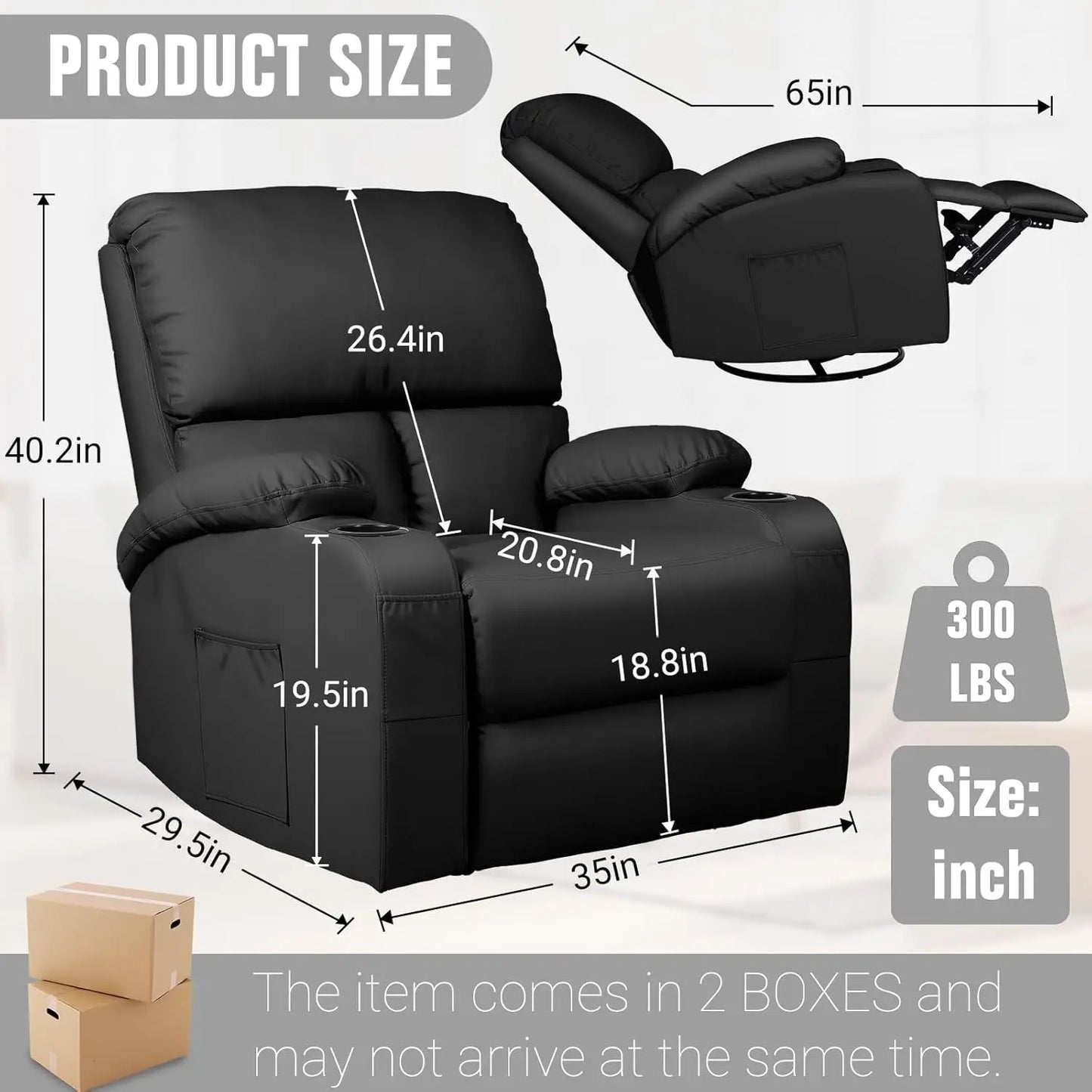 Rocking Recliner Chair, Massage Rocker Recliner Chair with Vibration Massage and Heat, 360° Swivel Faux Leather Chairs, Living R