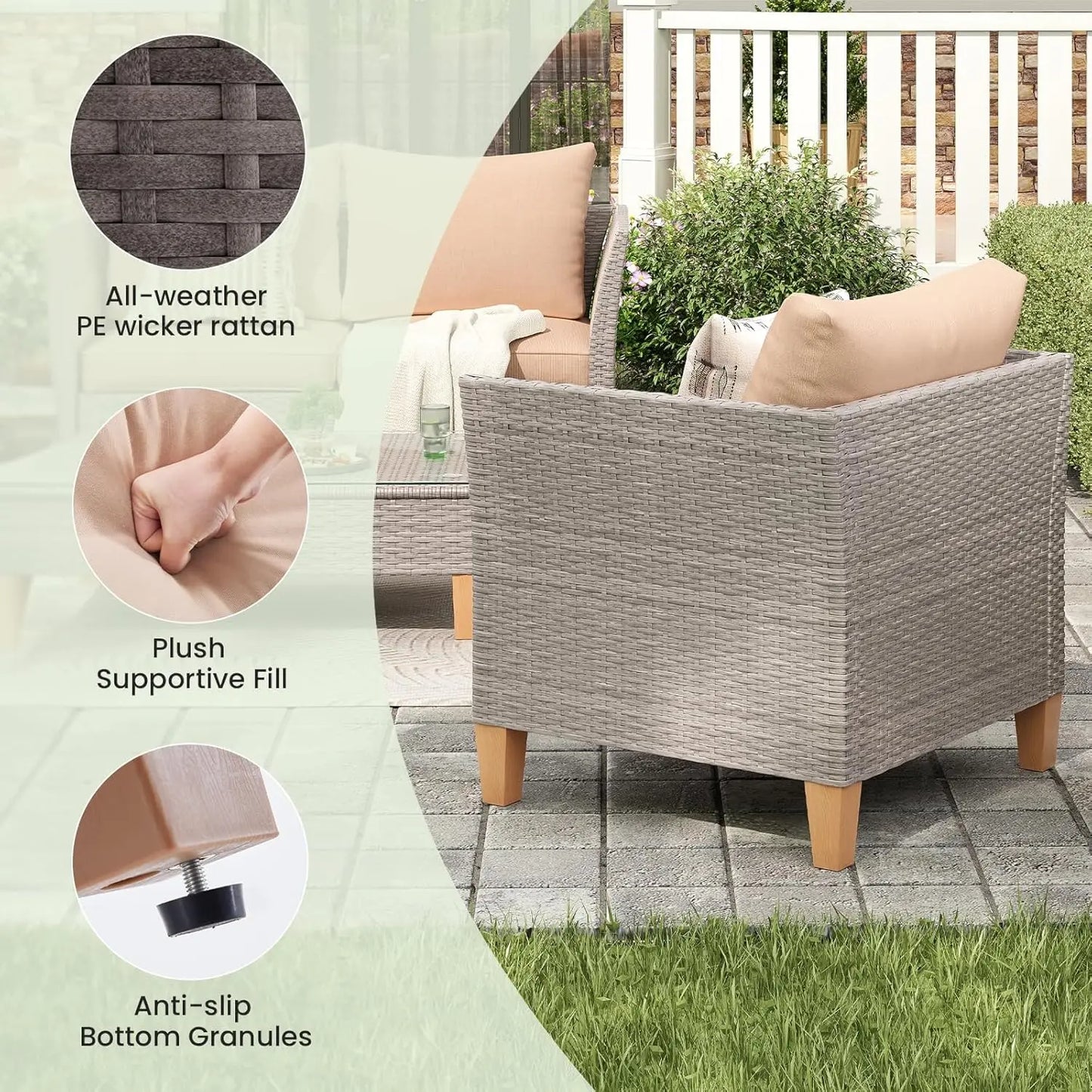 5-Piece Patio Furniture Set, Thickened Rattan Sectional Outdoor Sofa with Glass Top Table, Reclined Backrest and, Customized