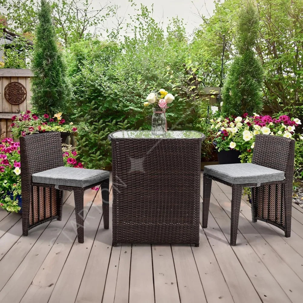 3-piece wicker patio bistro set, glass top table and chairs for small space balcony dining
