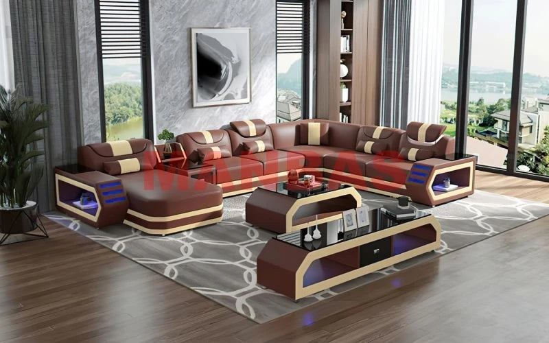 Modern LED Light Genuine Leather Sectional Sofa Set with Storage Shelves, USB Charging Ports, Cup Holder and Contemporary Design