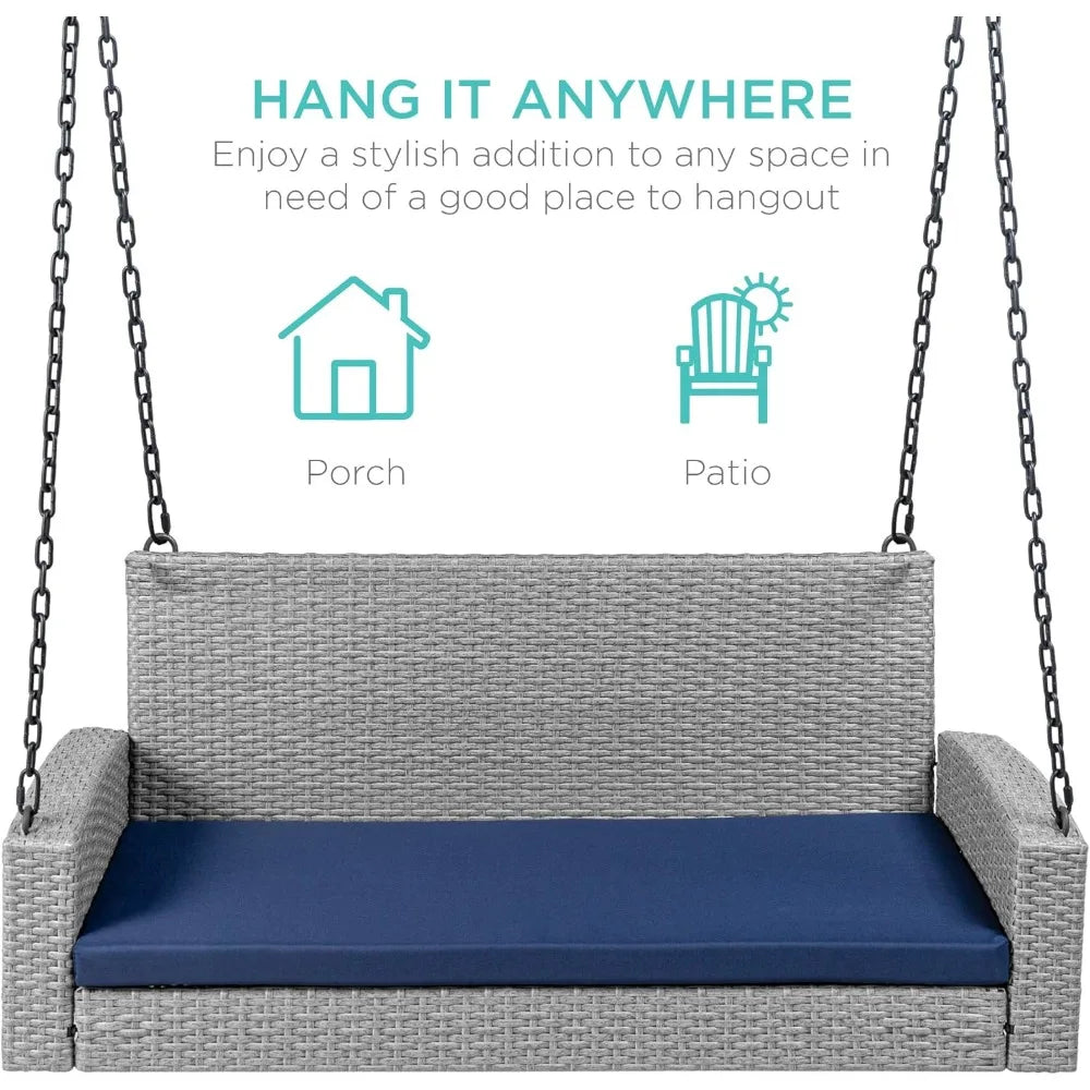 Woven Wicker Outdoor Porch Swing, Hanging Patio Bench for Deck, Garden with Mounting Chains, Seat Cushion - Gr