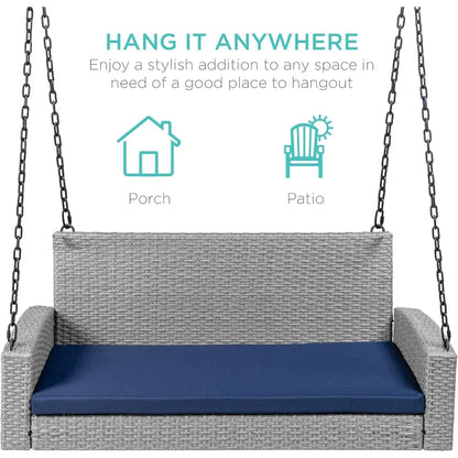 Woven Wicker Outdoor Porch Swing, Hanging Patio Bench for Deck, Garden with Mounting Chains, Seat Cushion - Gr