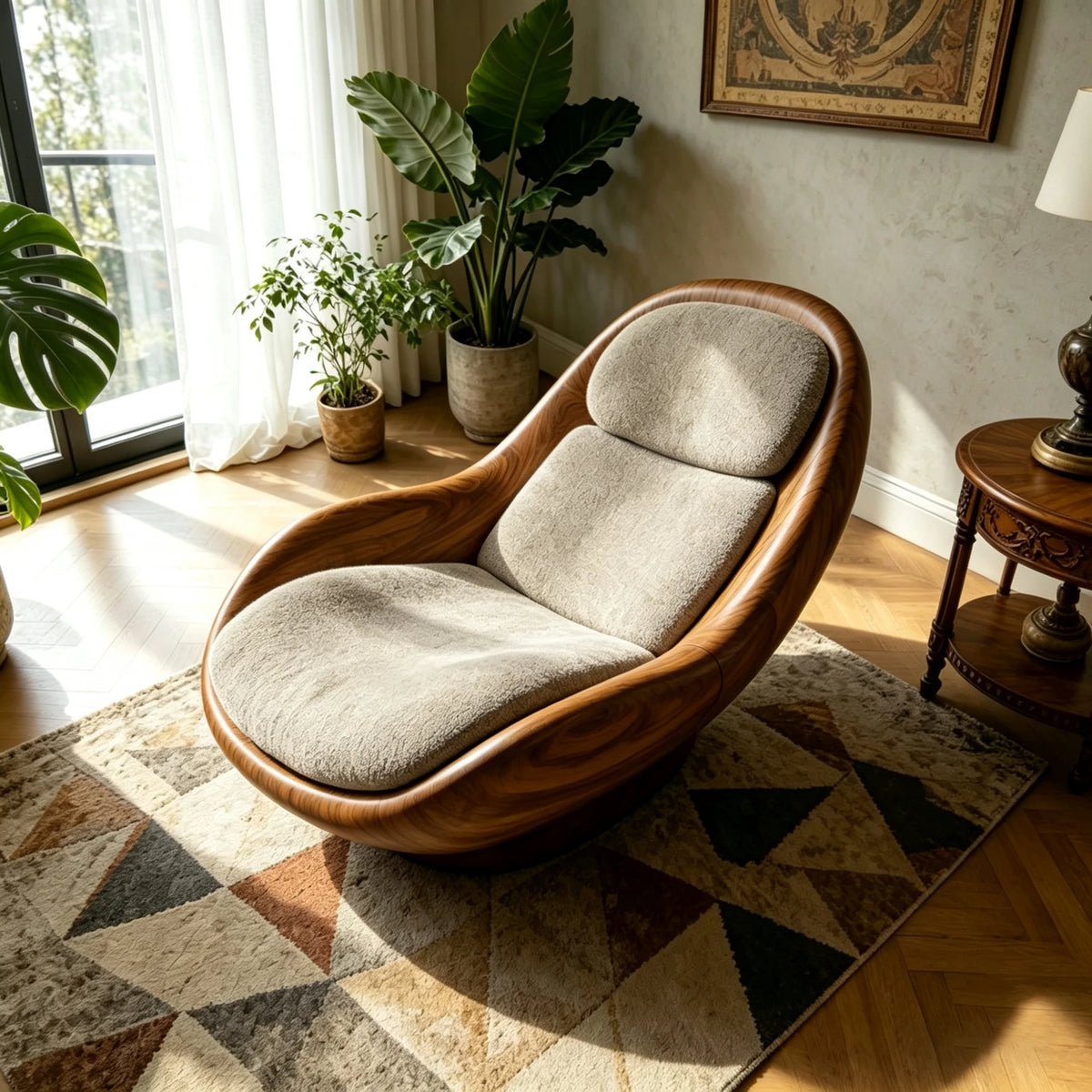 Modern Luxury Swivel Accent Chair with Sculptural Walnut Frame and Soft Boucle Upholstery