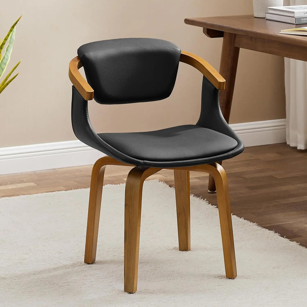 Swivel Desk Chair No Wheels, Mid Century Modern Office Chair, Faux Leather Dining Chair with Wood Legs, Accent Arm, Customized