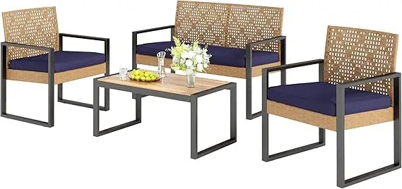 Sophia & William 4 Pieces Patio Conversation Set, Wicker Outdoor Furniture Set for 4, All Weather Outdoor Seating Set, Rattan Lo