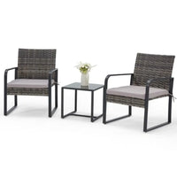 3 Piece Outdoor Patio Furniture Set Patio Bistro Set Wicker Conversation Set Modern Rattan Chair with Glass Coffee Table
