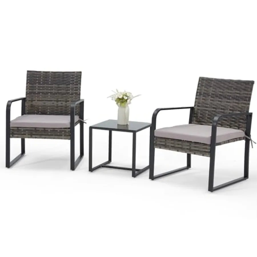 3 Piece Outdoor Patio Furniture Set Patio Bistro Set Wicker Conversation Set Modern Rattan Chair with Glass Coffee Table