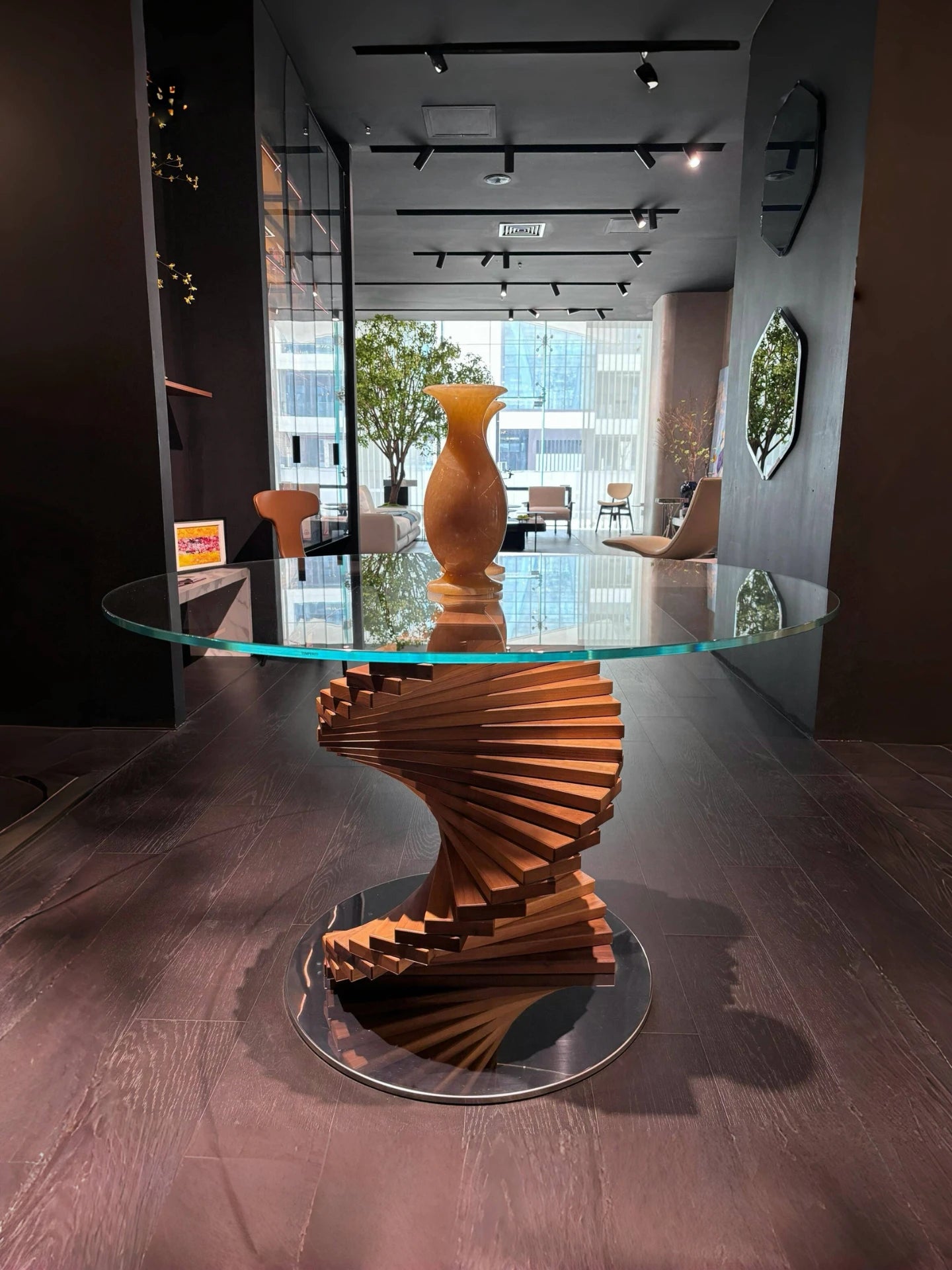 Italian retro arc design tempered glass round table light luxury special-shaped ash solid wood rotating ladder dining table