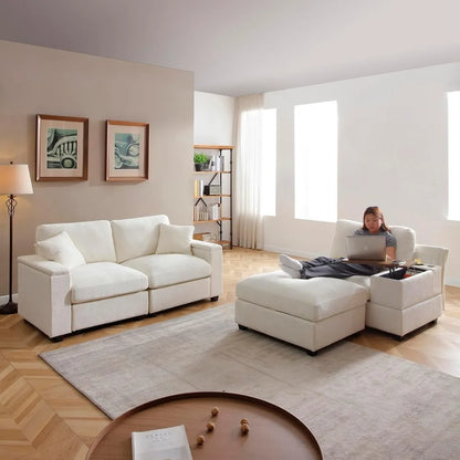 120.3" Modern L-Shaped Sectional Sofa with 360°Swivel Drop-Down Table, Storage Armrest, USB Ports & Movable Storage Ottoman – Pl