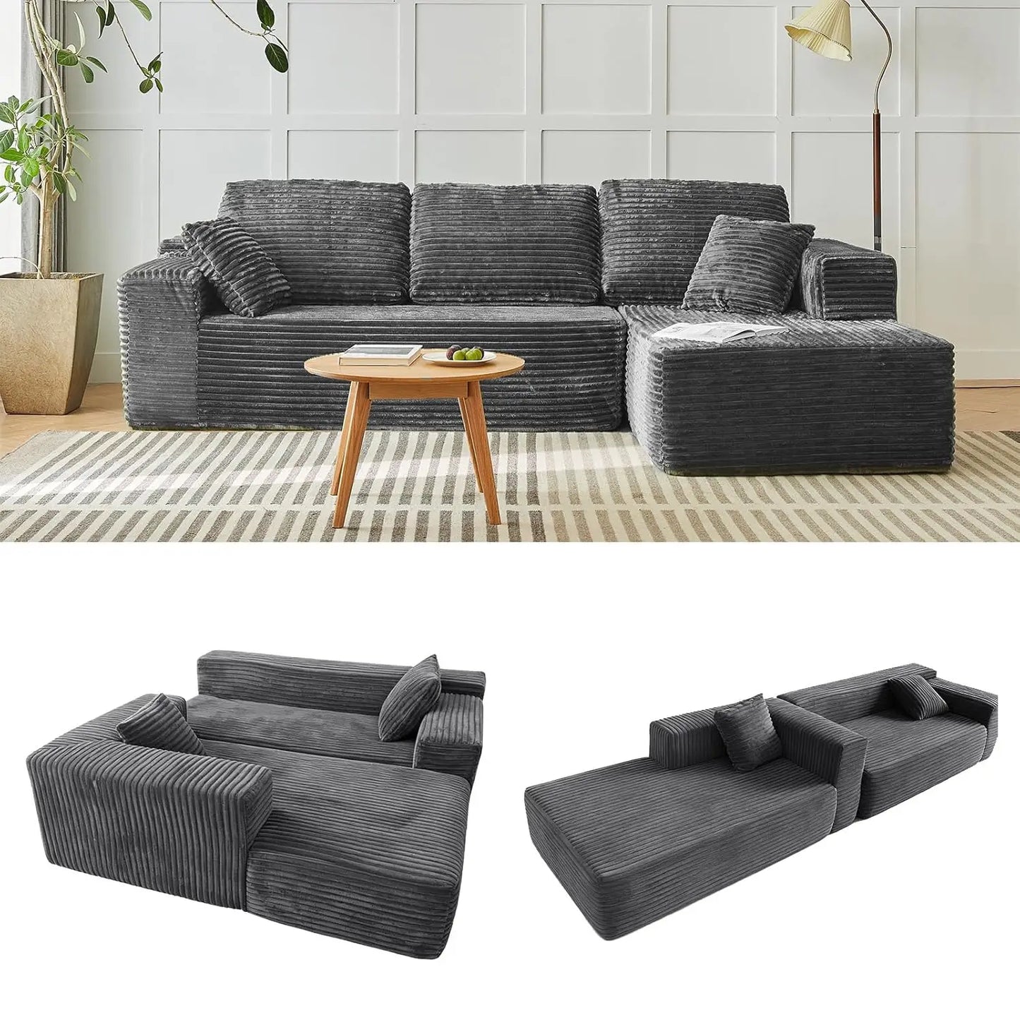 118" Compressed Sofa for Living Room L Shaped Boneless Couch, Modular Sectional Sofa, Sofa Bed Memory Foam Couches with Chaise