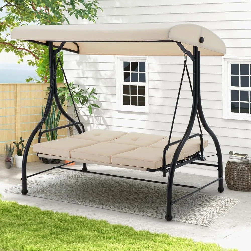 Porch Swing Chair with Adjustable Backrest&Canopy, 3 Seat Patio Swing with Canopy 2-in-1 Convertible Outdoor Swing with Canopy