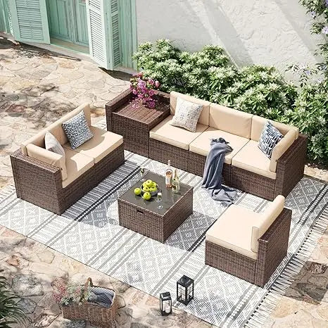 8 Piece Patio Furniture Set, Wicker Outdoor Furniture Set with Storage Box and Glass Top Table, Patio Sectional Set with Thicke