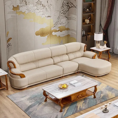 New Chinese leather sofa first layer cowhide ebony wood Italian light luxury sofa living room combination U solid wood furniture