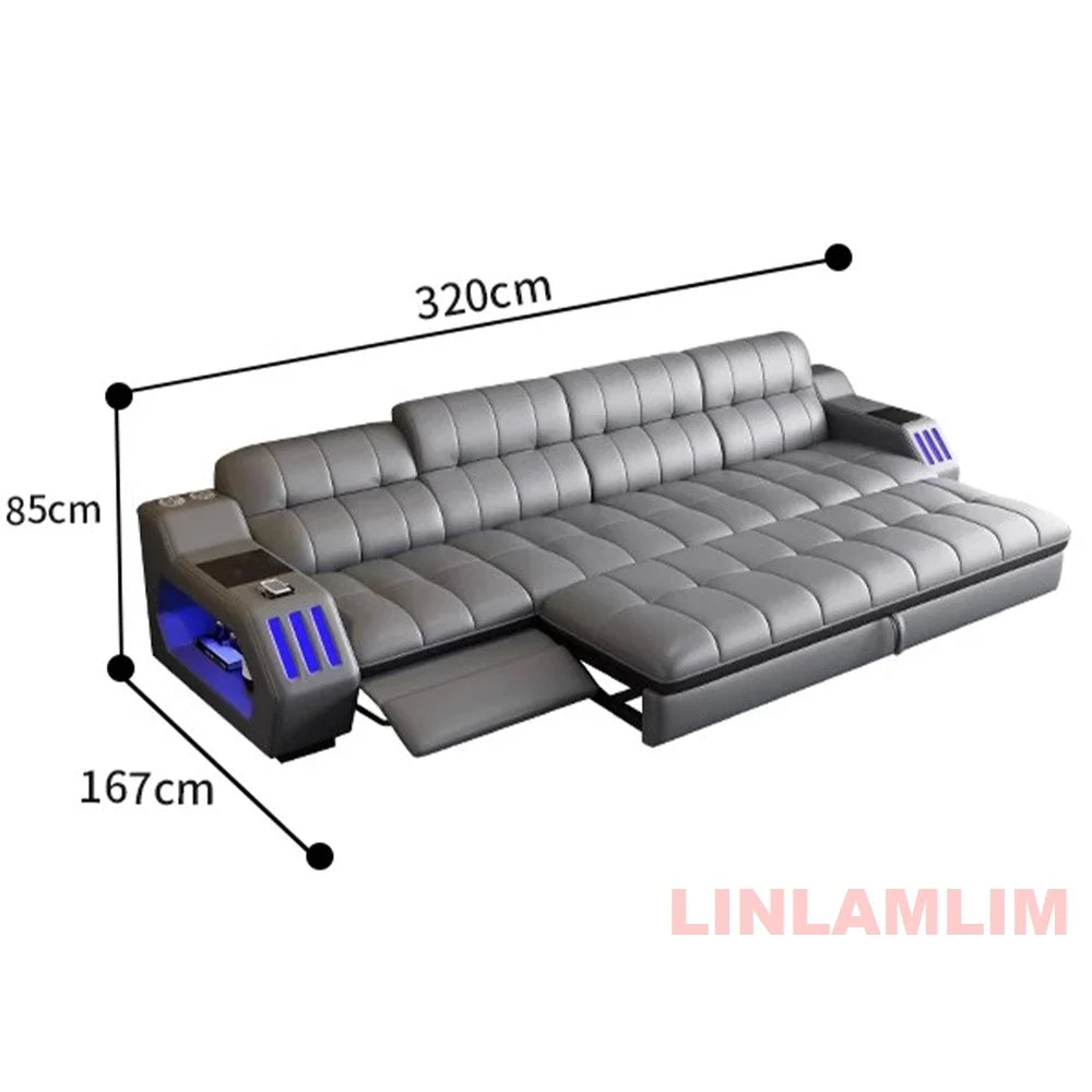 Modern Sectional Sofa Bed with LED Light, Electric Recliner and Massage | Living Room Genuine Leather Couch with Cup Holder, USB