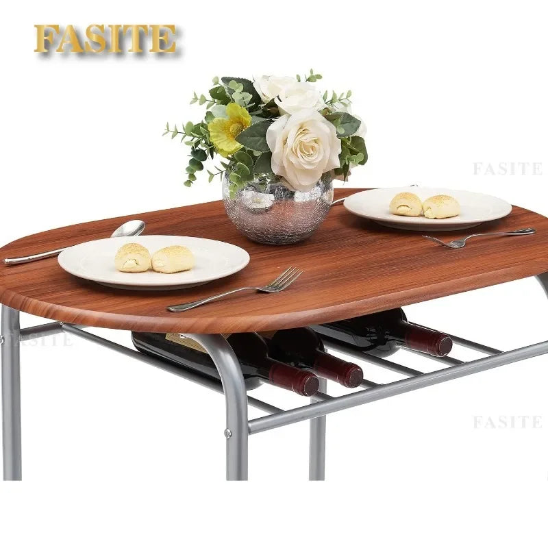 3 Piece Wood Round Table & Chair Set for Dining Room Kitchen Bar Breakfast, with Wine Storage Rack, Space Saving