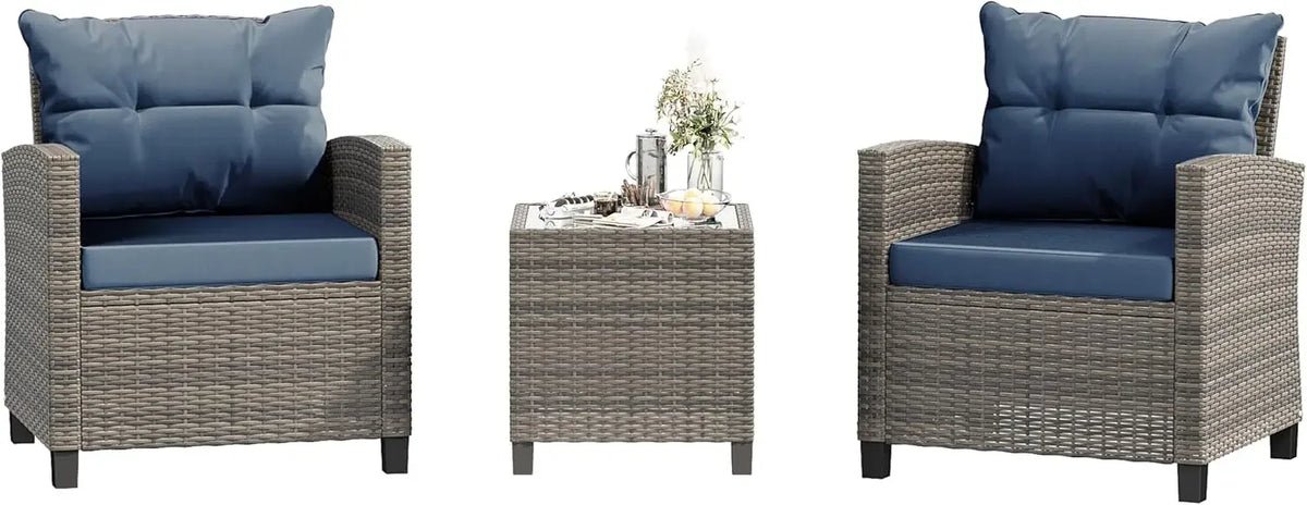 3 Pieces Patio Furniture Set 3 Pieces PE Rattan Wicker Chairs with Table Outdoor Furniture Brown Rattan with White Cushion