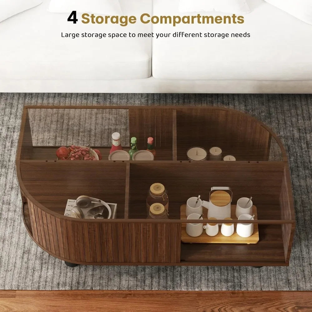 39" Mid-Century Leaf Coffee Table, Wood Storage Center w/ Fluted Sliding Door