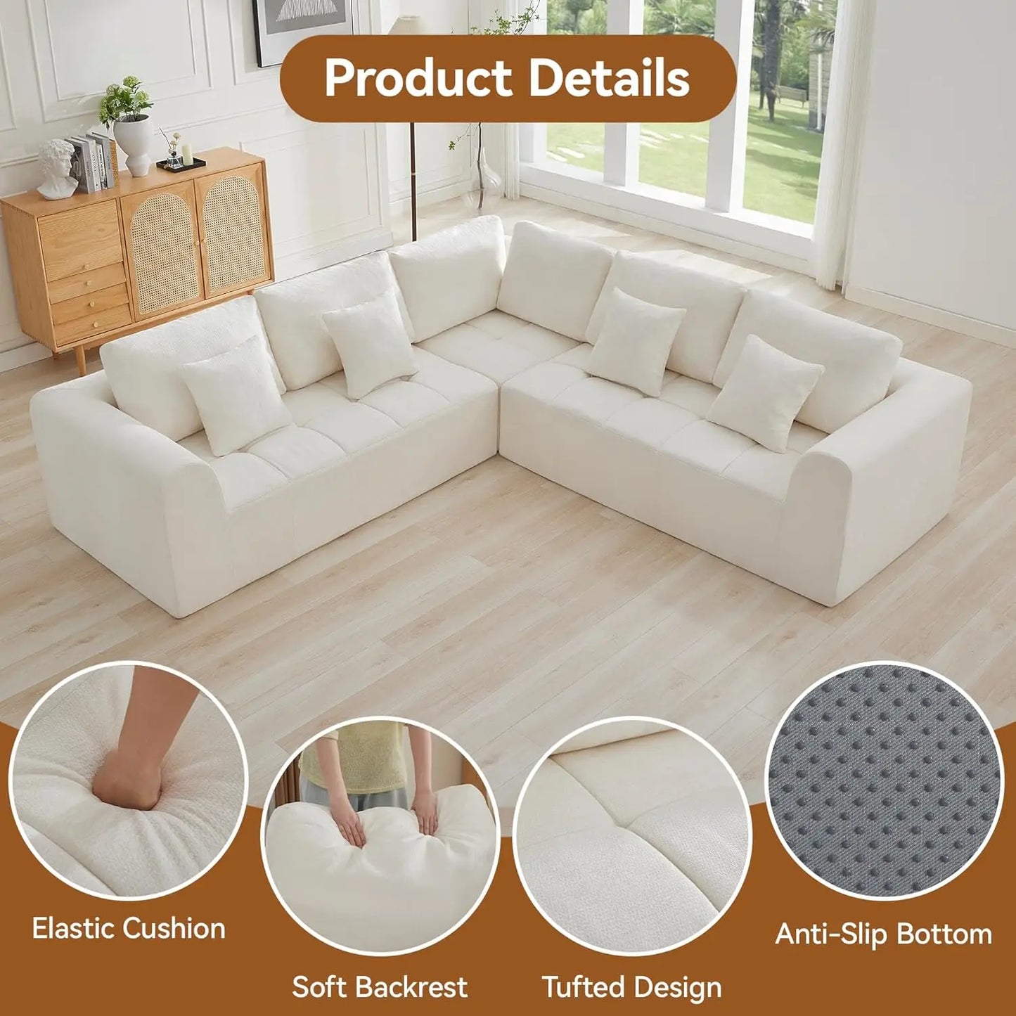 110''Modular Sectional Couches for Living Room, Compressed Sectional Sofa, Oversized L Shaped 5 Seater Upholstere