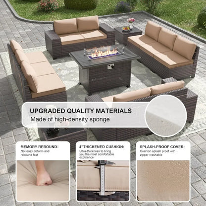 13-piece outdoor patio furniture set with 43-inch 55,000 btu gas propane fire pit table and wicker rattan sectional sofa patio