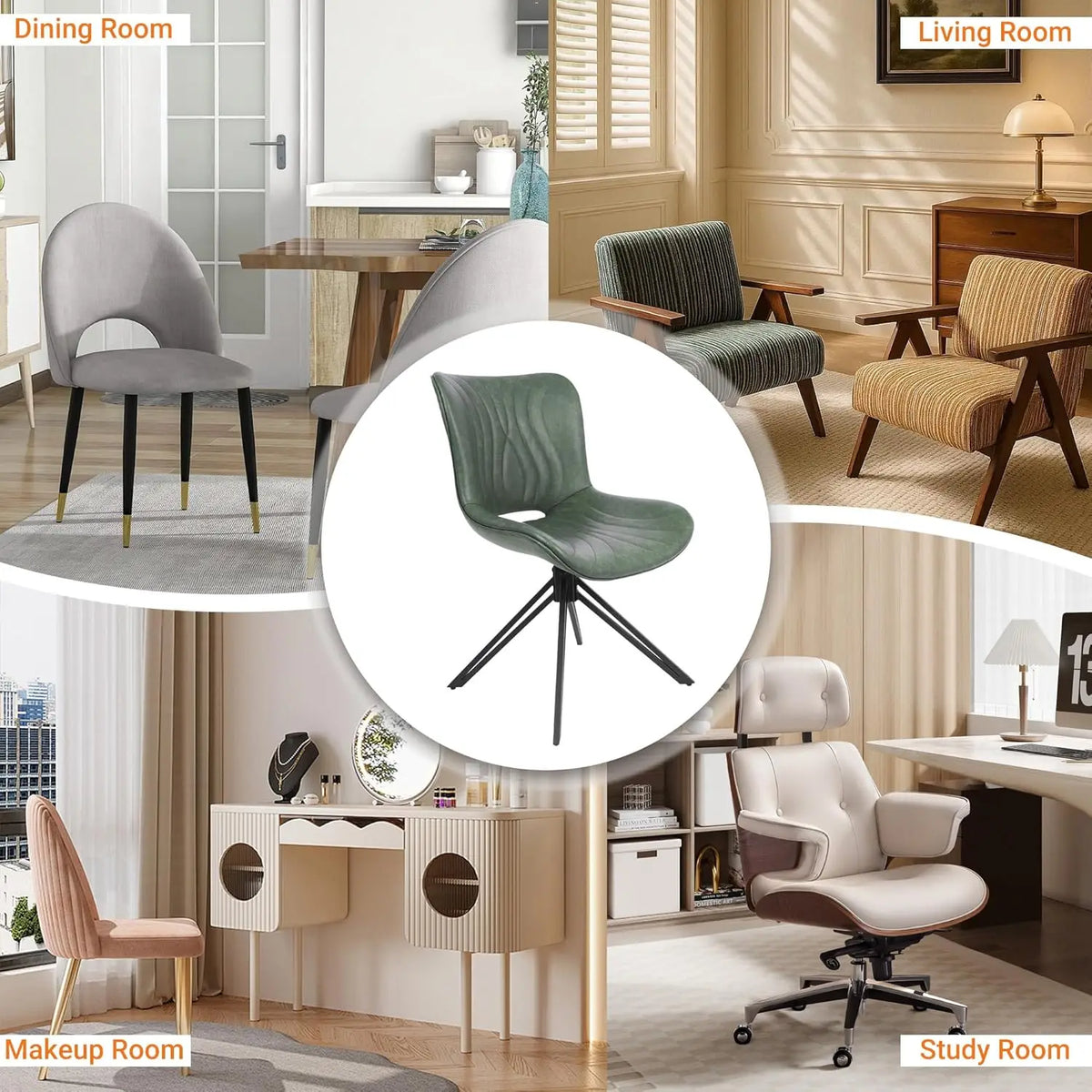 Dining Chairs Set of 2, 360° Swivel Armless Faux Leather Accent Chairs with Padded Back and Metal Legs, Mid-Century, Customized