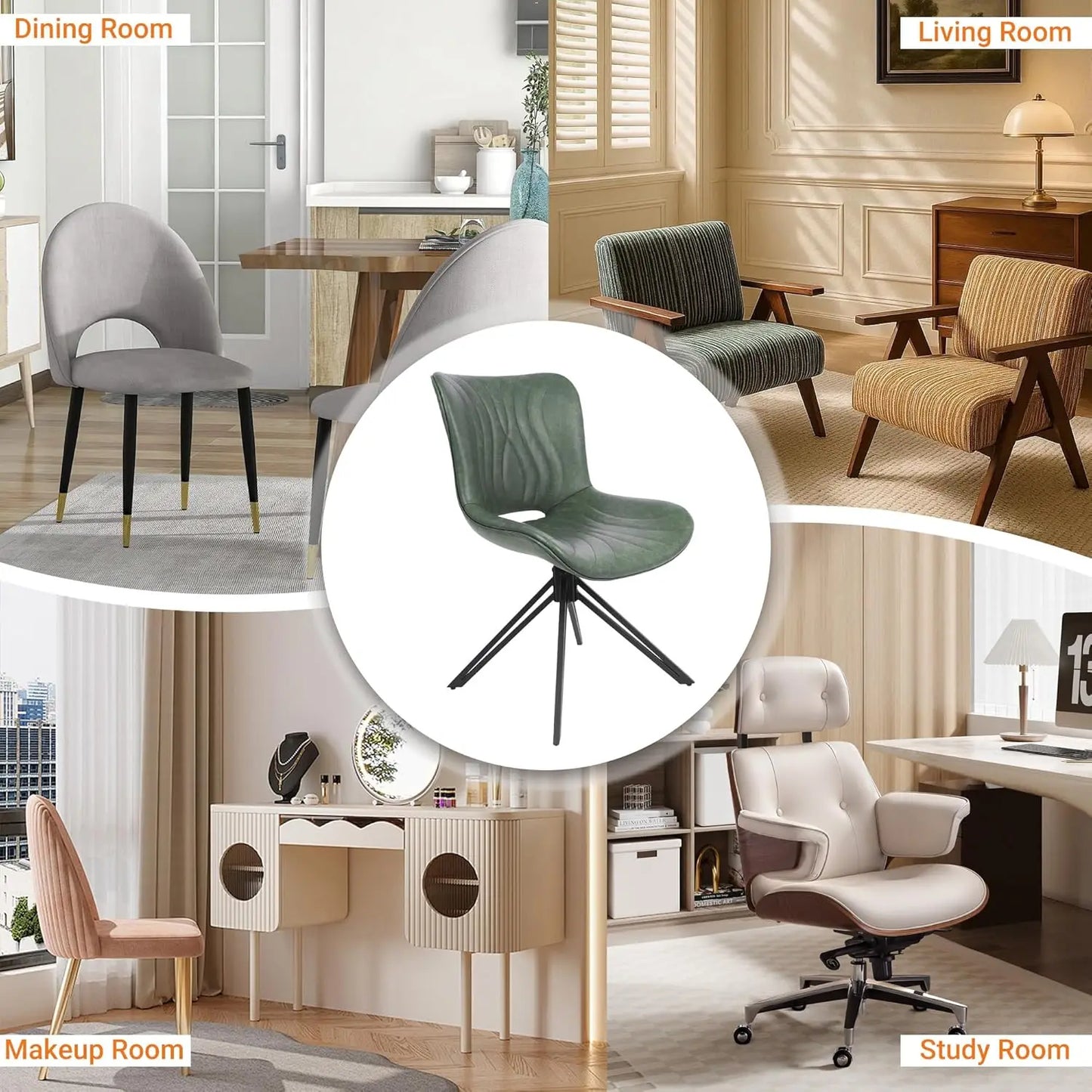 Dining Chairs Set of 2, 360° Swivel Armless Faux Leather Accent Chairs with Padded Back and Metal Legs, Mid-Century, Customized