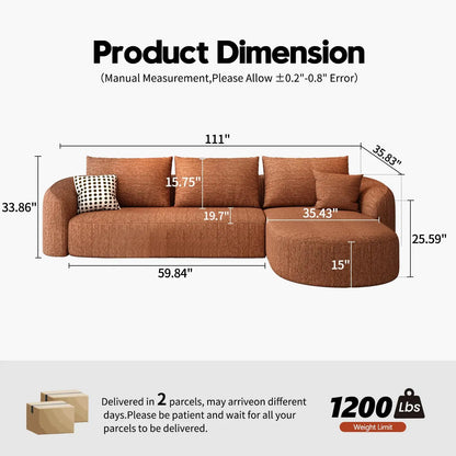 111" Modular Sectional Sofa Curved Back L-Shape Cloud Living Room Right Chaise Orange Customized