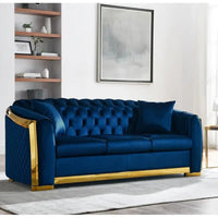 Chesterfield Sofa Set, 84 Inch Tufted 3-Seat Couch with Gold Stainless Steel Legs for Living Room, Navy Blue Fabric