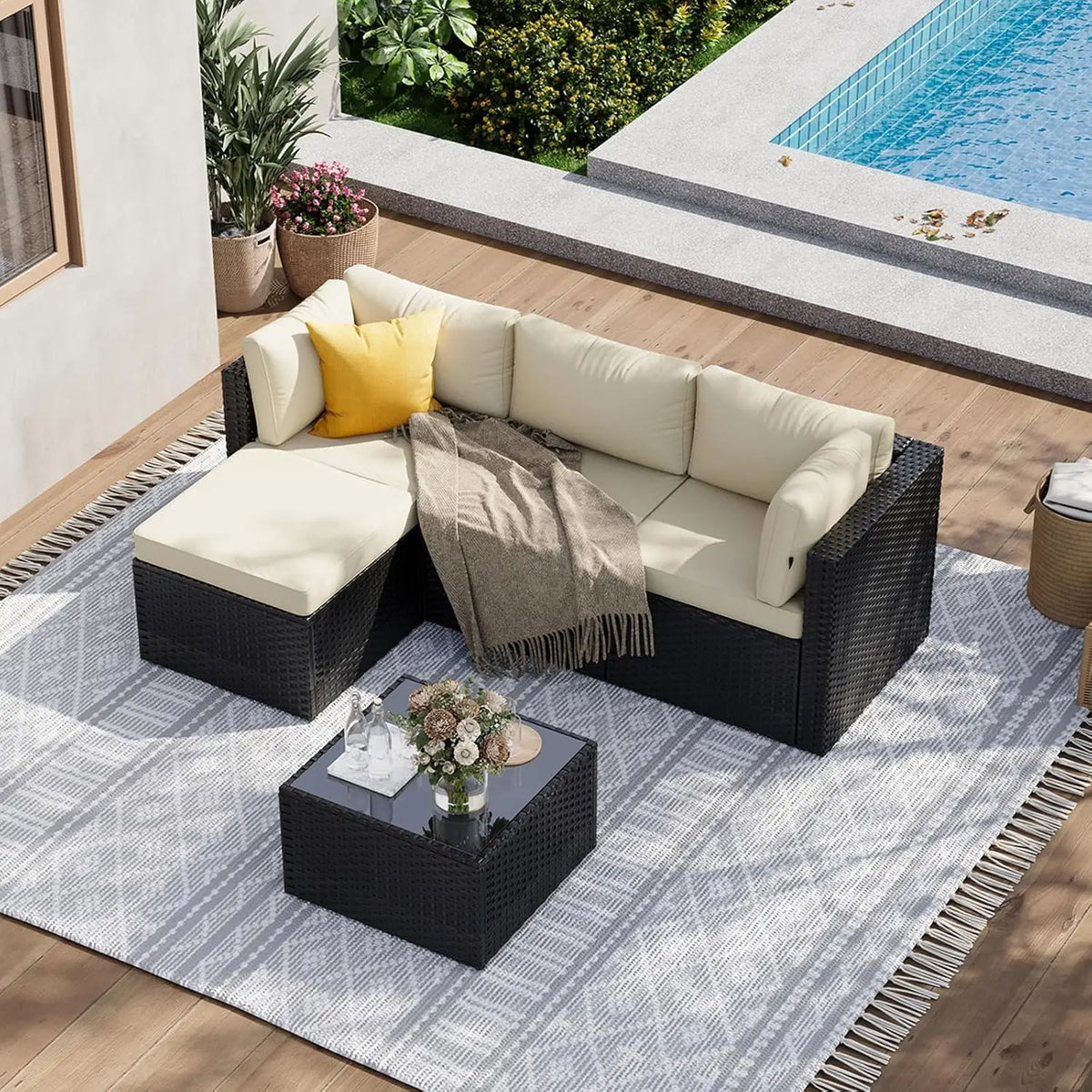 5-Piece Outdoor Sectional Sofa with Washable Cushion, Wicker Rattan Patio Conversation Set for Backyard Porch Poolside, Custom