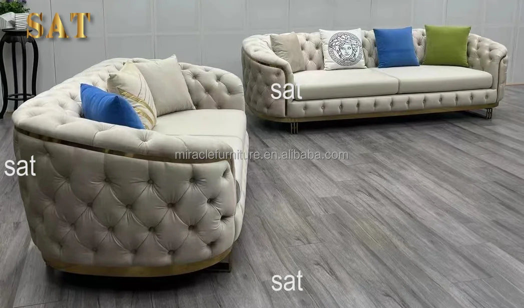 Luxury 2-3 Seater Chesterfield Sofa Hot Sales Gold Stainless Steel Frame Velvet Upholstery Sponge Filling for Hotel Home Use