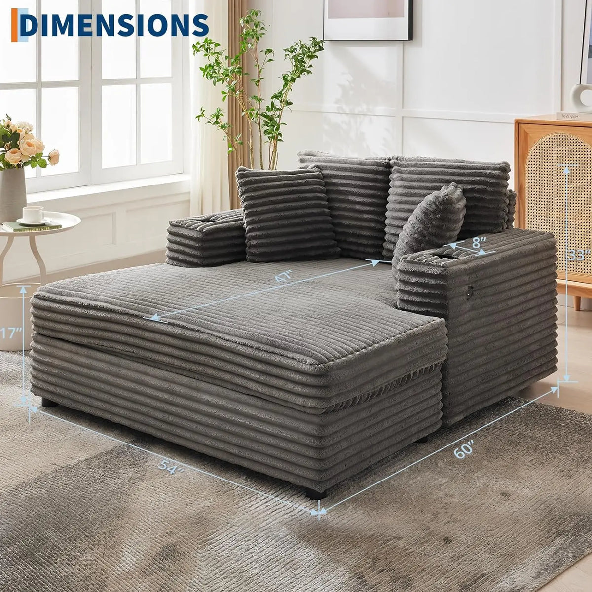 Oversized Chaise Lounge Chair Corduroy Fabric with USB Charging Station Cup Holder and Sleeper Function